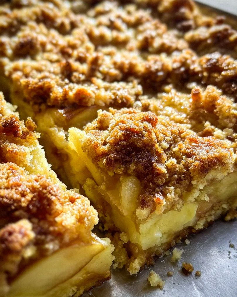 Apfelkuchen vom Blech - mit Pudding und knusprigen Streusel