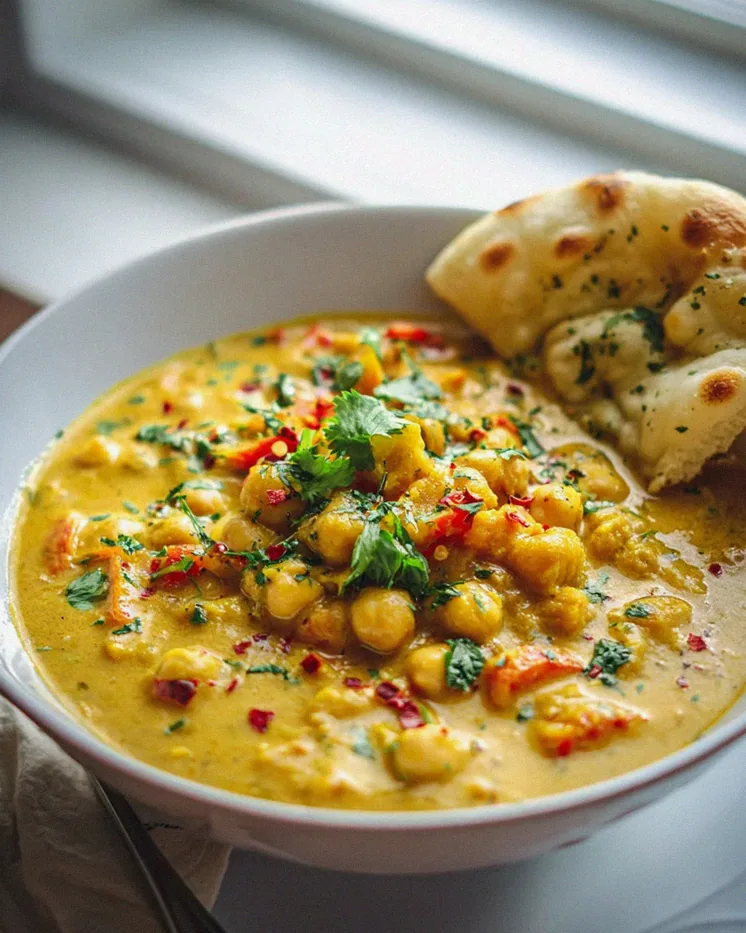 Cremiges Kichererbsen Curry mit Naan Brot – schnell & lecker!