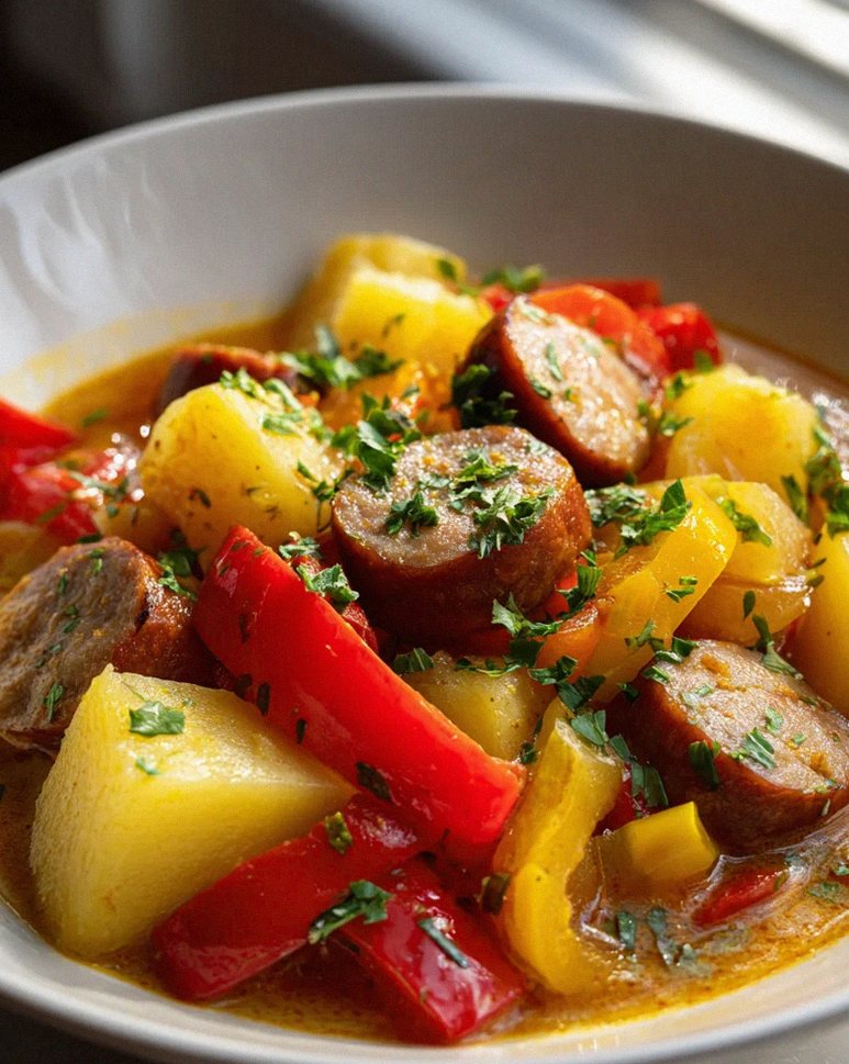 Herzhaftes Kartoffelgulasch mit Würstchen – schnell & lecker! – Schritt 1