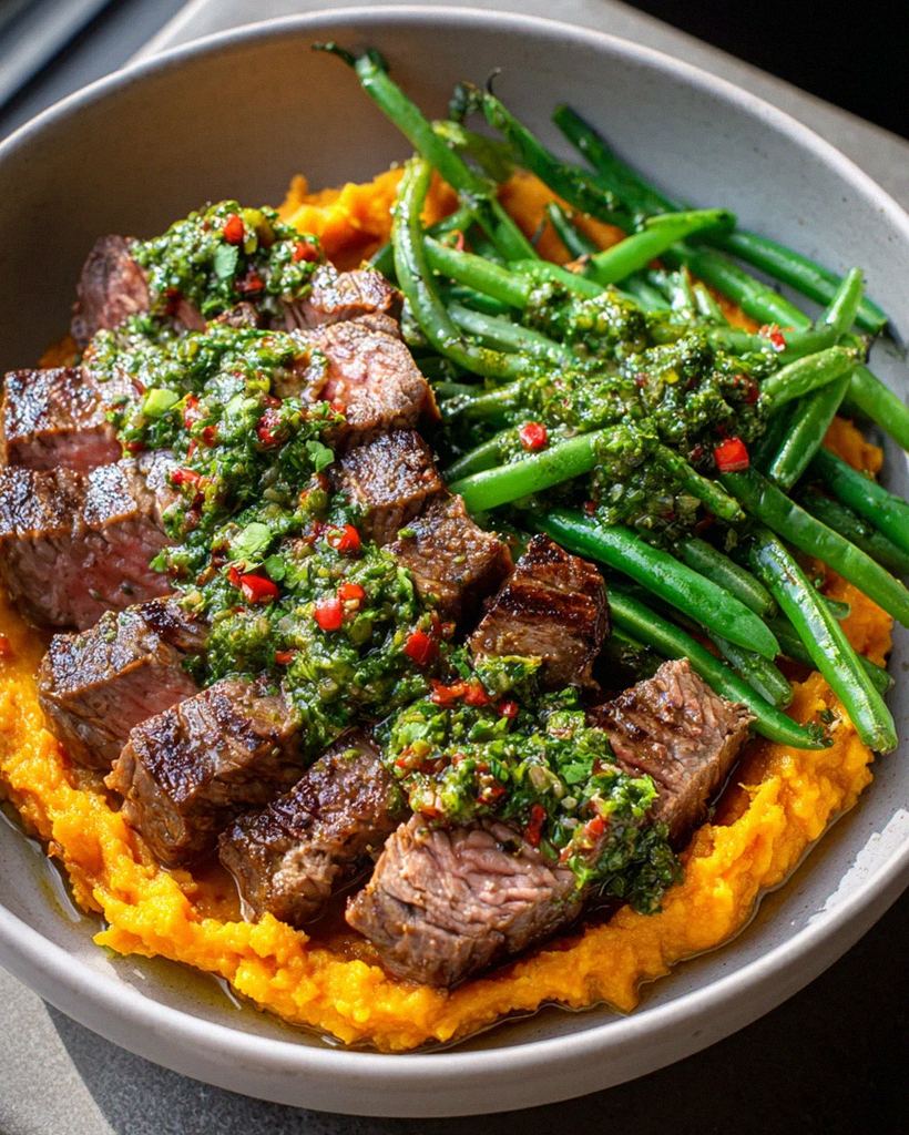 Leckere Steak Bowl mit Süßkartoffelpüree und grünen Bohnen – Schritt 1