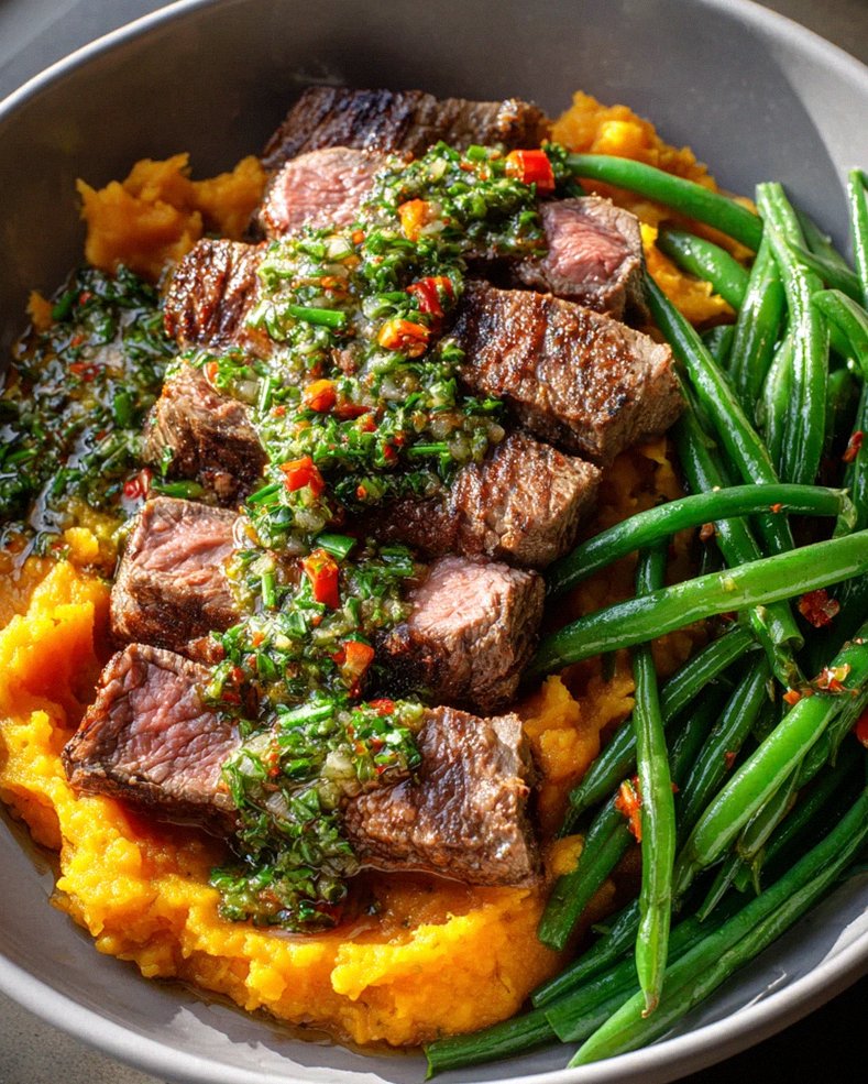 Leckere Steak Bowl mit Süßkartoffelpüree und grünen Bohnen – Schritt 2