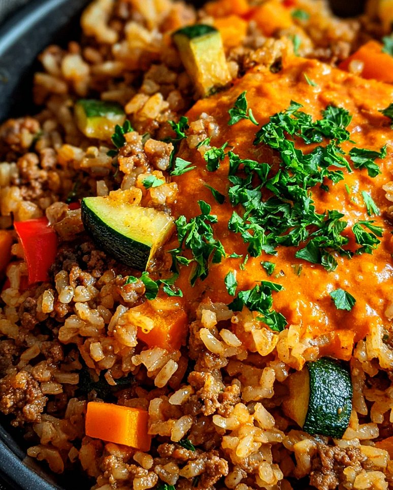 Reis-Hackfleisch-Pfanne mit Ajvar und Gemüse