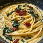Spaghetti und Spinat in cremiger Tomatensauce