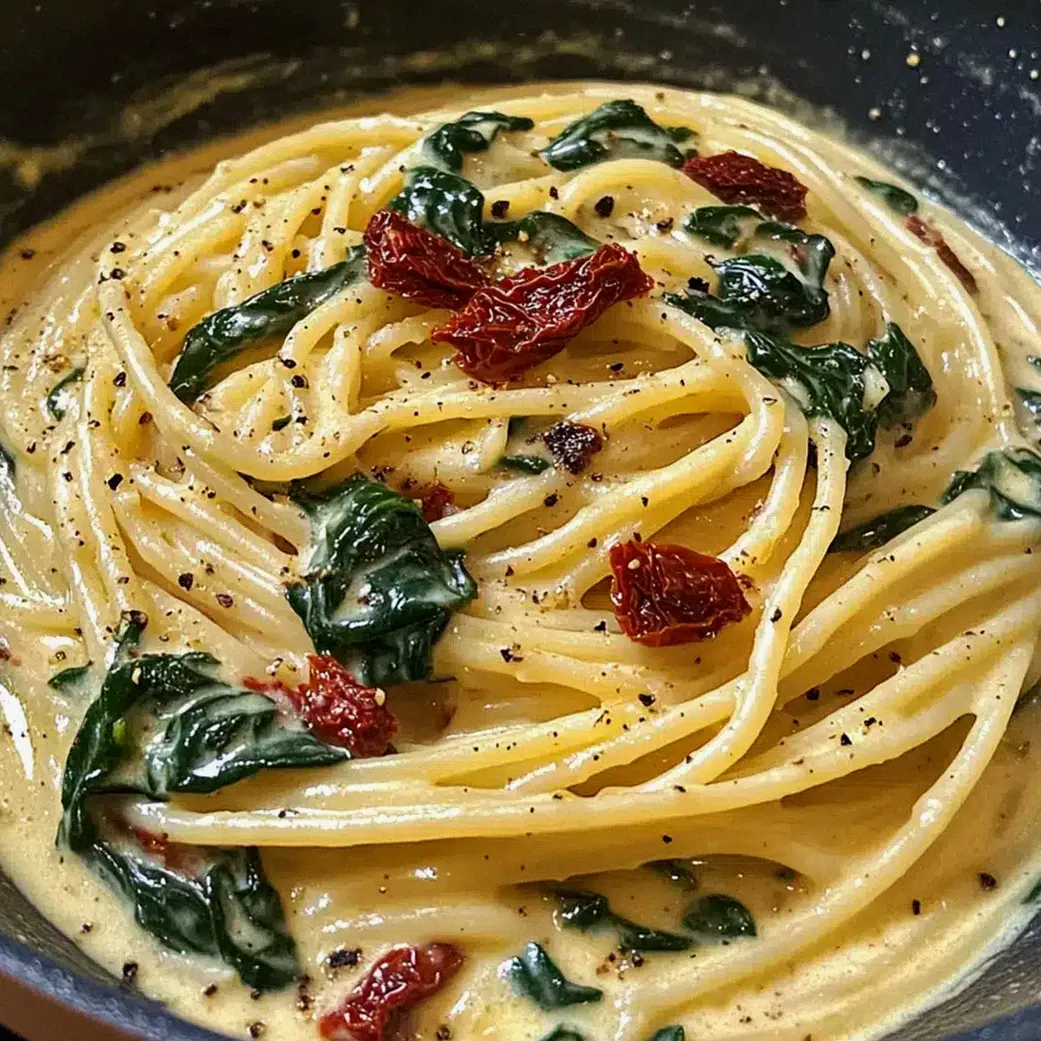 Spaghetti und Spinat in cremiger Tomatensauce